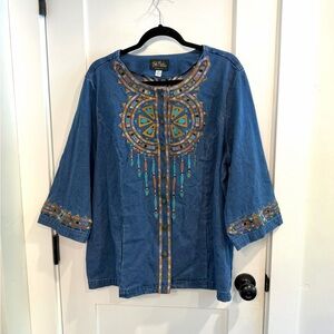Vintage Bob Mackie Southwestern Dreamcatcher Embroidered Denim Shirt Jacket 90s